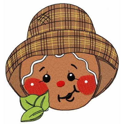 Gingerbread farmer embroidery design featuring a whimsical gingerbread character, perfect for festive projects.