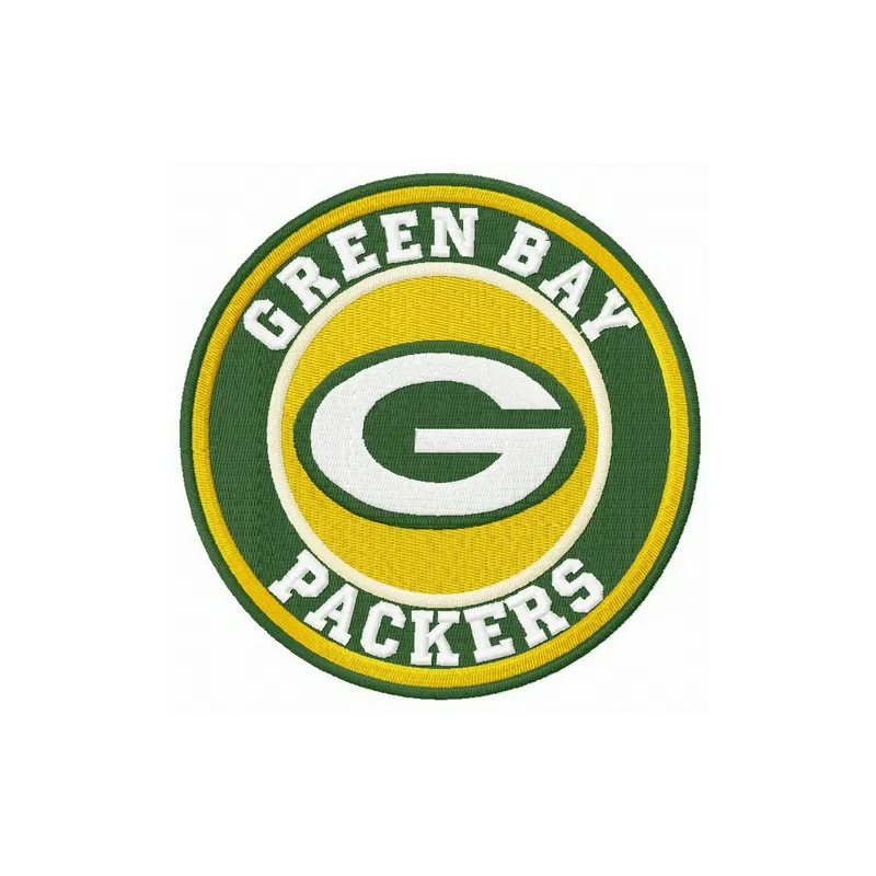 Green Bay Packers round logo embroidery design showcasing the iconic emblem for stitching on apparel and accessories.