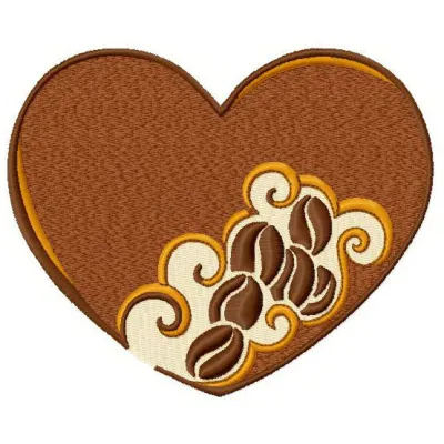 Coffee heart embroidery design showcasing a stitched motif ideal for t-shirts, tote bags, and hoodies.