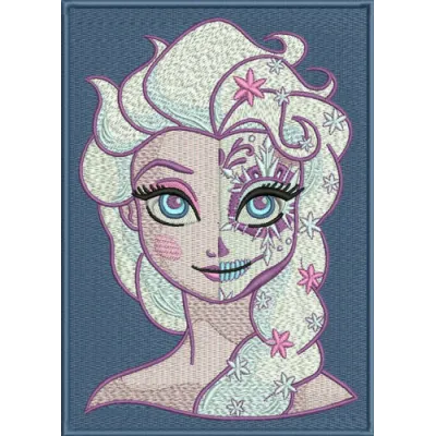 Strange Elsa embroidery design featuring a whimsical interpretation of the character from Frozen on a colorful background.