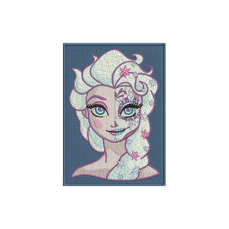 Strange Elsa embroidery design featuring a whimsical interpretation of the character from Frozen on a colorful background.