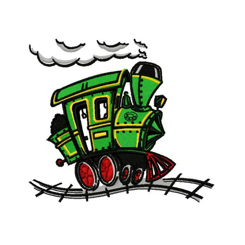 Steam locomotive embroidery design showcasing a vintage train motif for stitching on fabric projects.