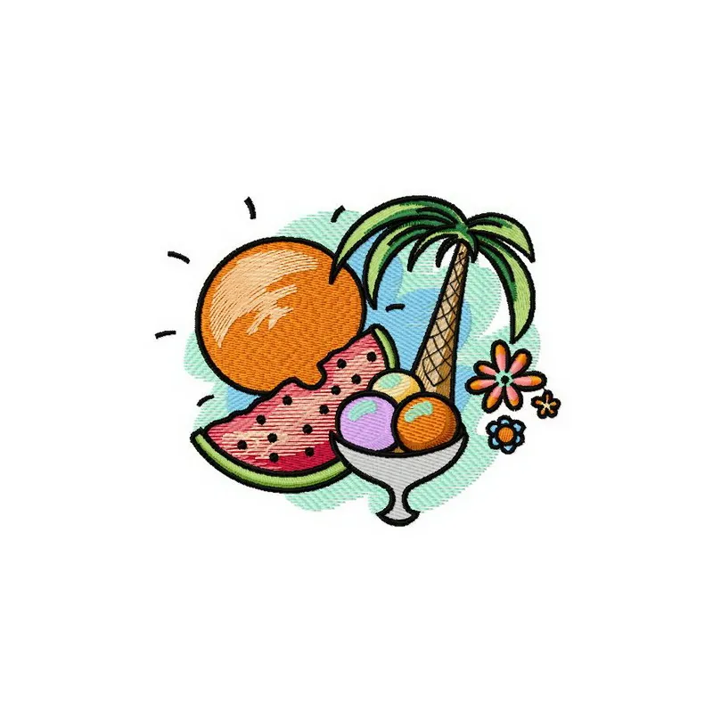 Paradise embroidery design featuring vibrant tropical motifs, perfect for summer-themed projects like t-shirts and tote bags.