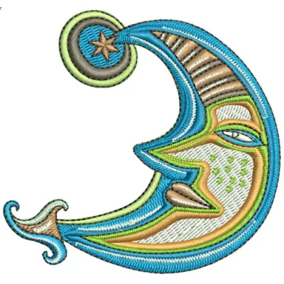 Moon embroidery design featuring intricate stitching patterns, ideal for apparel and home decor projects.