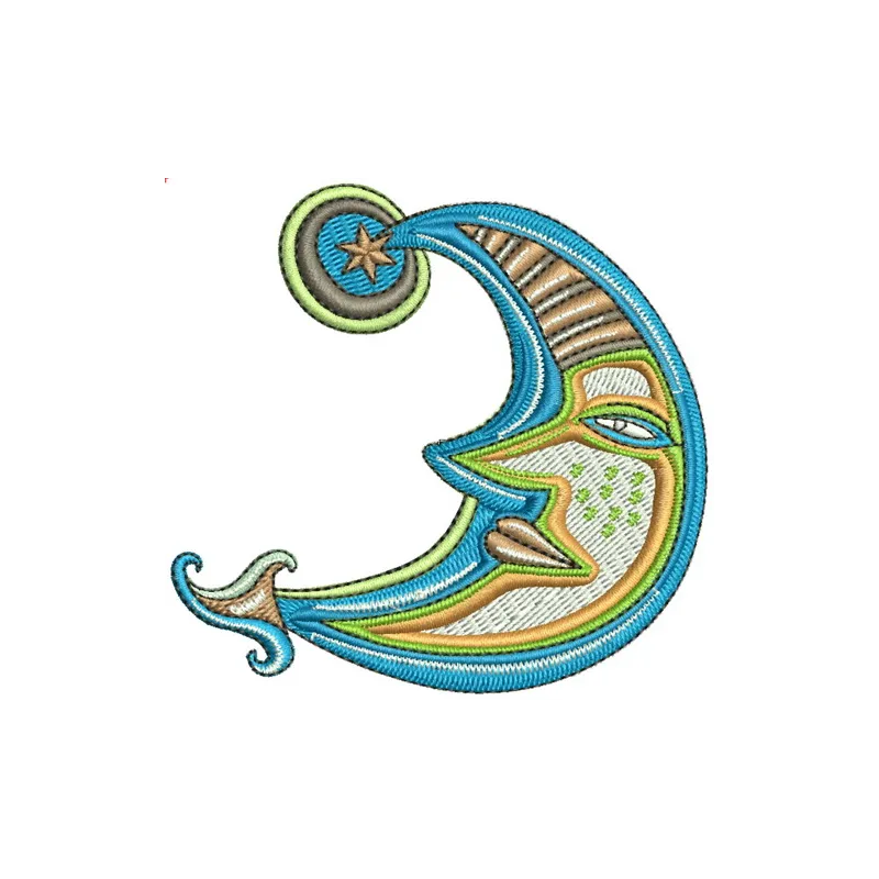 Moon embroidery design featuring intricate stitching patterns, ideal for apparel and home decor projects.