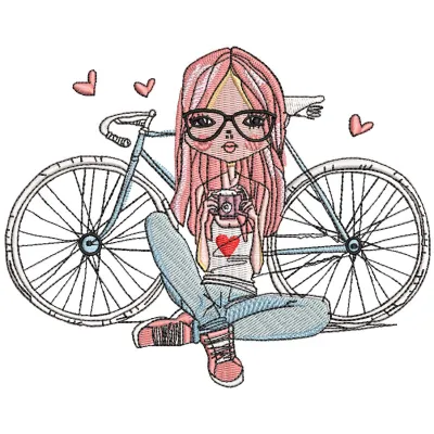 Young photographer embroidery design showcasing a camera motif, ideal for vacation-themed stitching projects.