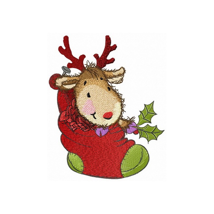 Fawn in cozy Christmas sock embroidery design - Embroidery Design