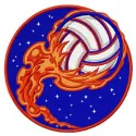 Volleyball ball in flame embroidery design showcasing dynamic stitching patterns for sports enthusiasts.