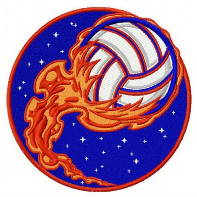 Volleyball ball in flame embroidery design showcasing dynamic stitching patterns for sports enthusiasts.