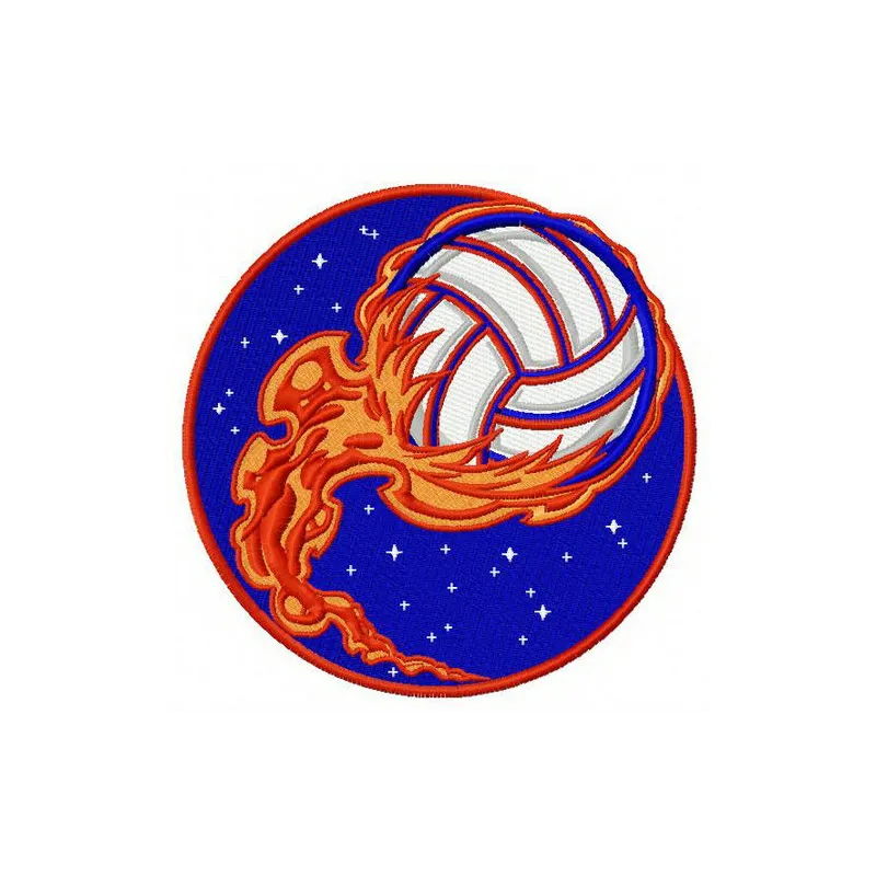 Volleyball ball in flame embroidery design showcasing dynamic stitching patterns for sports enthusiasts.