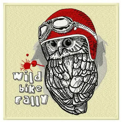 Wild bike rally embroidery design featuring playful owls on bicycles, ideal for stitching on apparel and accessories.