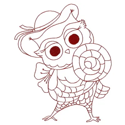 Owl with lollipop 5 embroidery design featuring a whimsical owl holding a colorful lollipop, perfect for fun projects.