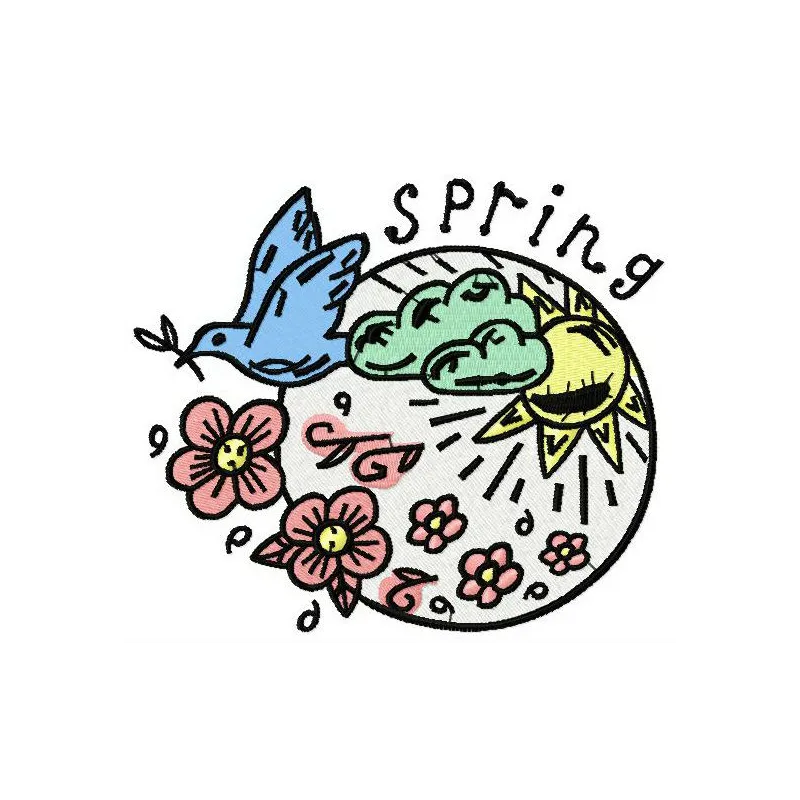 Spring embroidery design featuring floral motifs, perfect for decorating t-shirts, tote bags, and home decor.