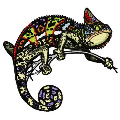 Chameleon embroidery design showcasing vibrant colors and intricate details, ideal for stitching on various fabrics.