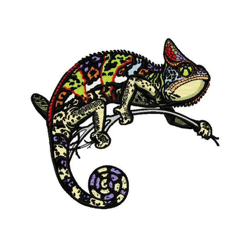 Chameleon embroidery design showcasing vibrant colors and intricate details, ideal for stitching on various fabrics.