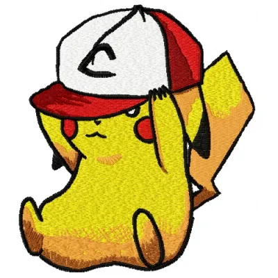 Embroidery design featuring Pikachu wearing a baseball cap, perfect for stitching on t-shirts or tote bags.