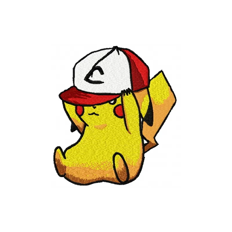 Embroidery design featuring Pikachu wearing a baseball cap, perfect for stitching on t-shirts or tote bags.