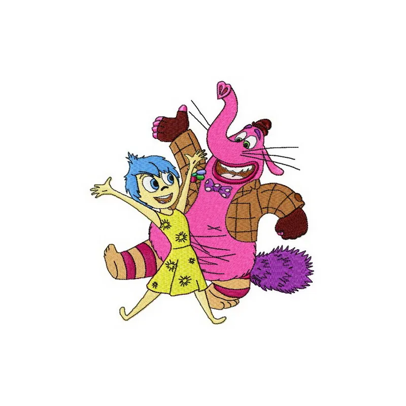 Joy and Bing Bong embroidery design showcasing vibrant characters from Inside Out, ideal for playful stitching projects.