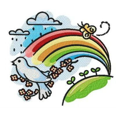 Vibrant rainbow embroidery design showcasing colorful arcs, perfect for spring-themed projects like tote bags and hoodies.