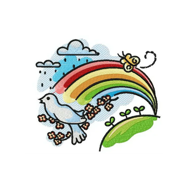 Vibrant rainbow embroidery design showcasing colorful arcs, perfect for spring-themed projects like tote bags and hoodies.