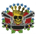Skull with crown and guns embroidery design, showcasing a bold stitched motif for creative projects.