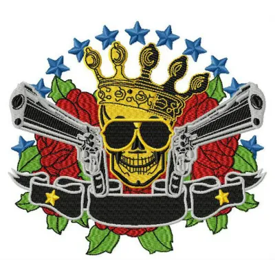 Skull with crown and guns embroidery design, showcasing a bold stitched motif for creative projects.