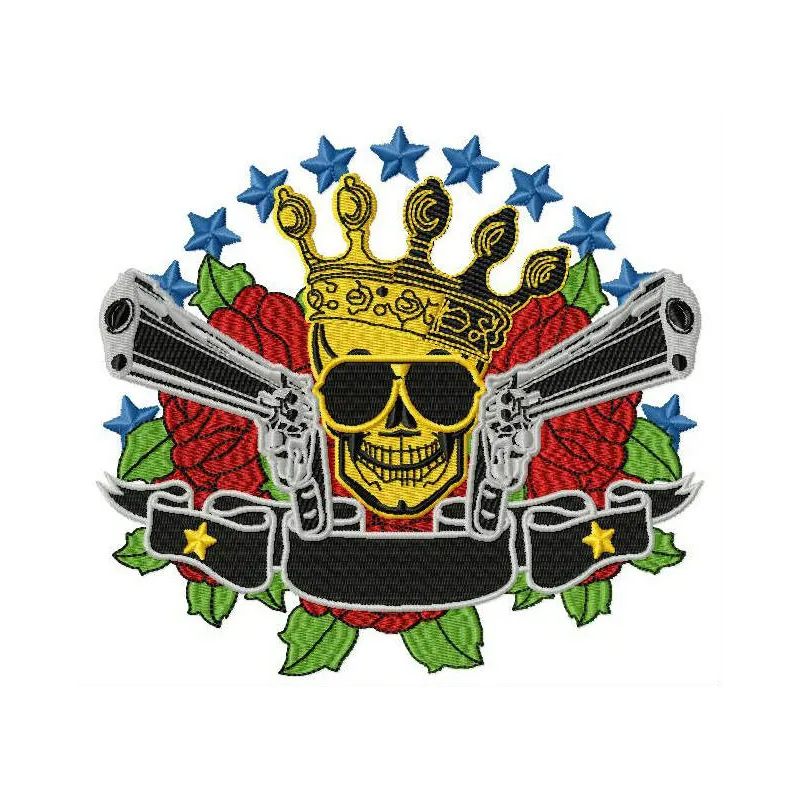 Skull with crown and guns embroidery design, showcasing a bold stitched motif for creative projects.