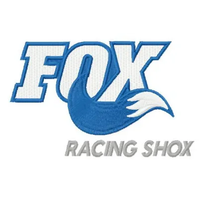 Fox racing shox embroidery design featuring a dynamic fox motif, ideal for custom apparel and accessories.