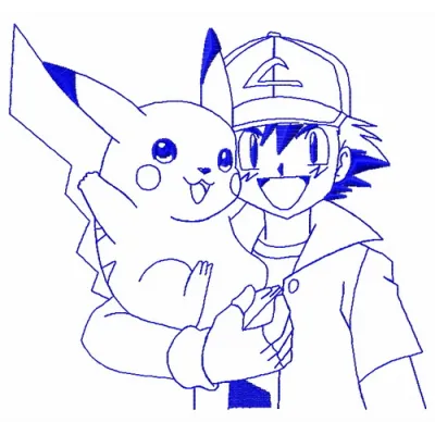 Embroidered design featuring Pikachu alongside Ash Ketchum, perfect for Pokemon-themed projects.