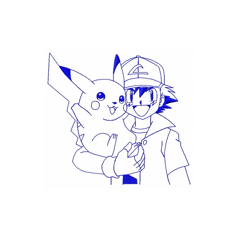 Embroidered design featuring Pikachu alongside Ash Ketchum, perfect for Pokemon-themed projects.