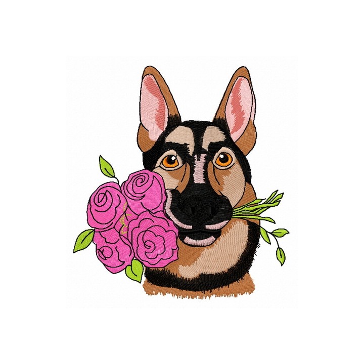 German Shepherd with roses embroidery design - Embroidery Design