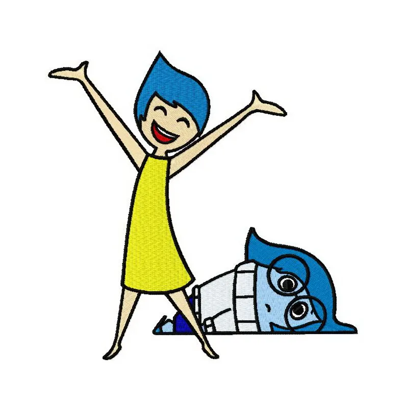 Preview of Happy Joy and Upset Sadness embroidery design featuring colorful characters from Inside Out.