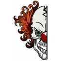 Embroidery design of a scary clown watching you, perfect for Halloween-themed projects and crafts.