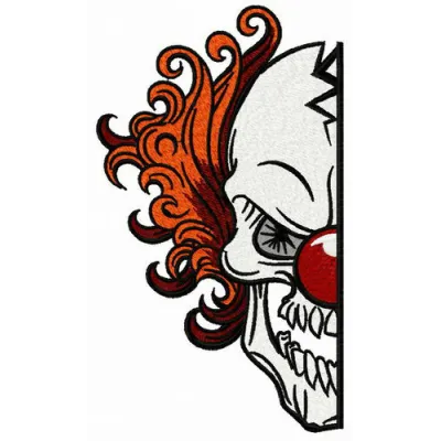 Embroidery design of a scary clown watching you, perfect for Halloween-themed projects and crafts.