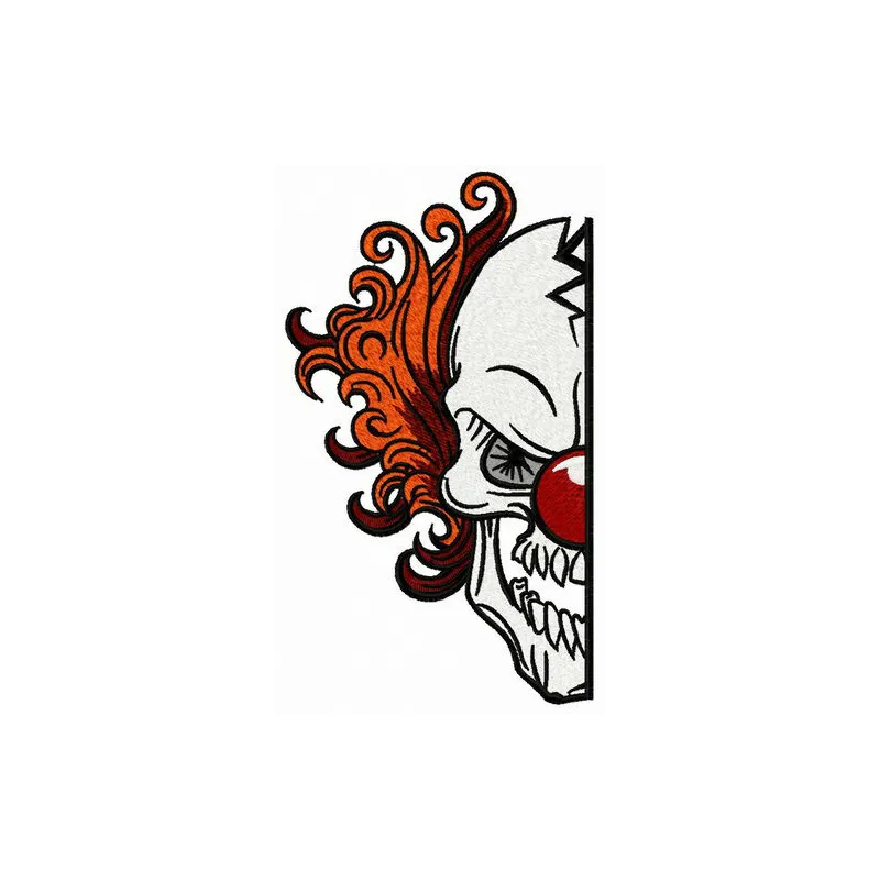 Embroidery design of a scary clown watching you, perfect for Halloween-themed projects and crafts.