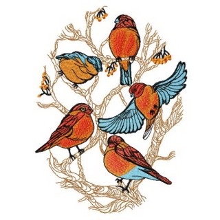 Flock of bullfinches on tree embroidery design - Embroidery Design