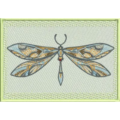 Mosaic dragonfly embroidery design showcasing intricate patterns, perfect for embellishing various fabric items.