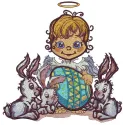 Preview of an angel and Easter bunnies embroidery design, showcasing intricate stitching patterns for festive projects.