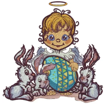 Preview of an angel and Easter bunnies embroidery design, showcasing intricate stitching patterns for festive projects.