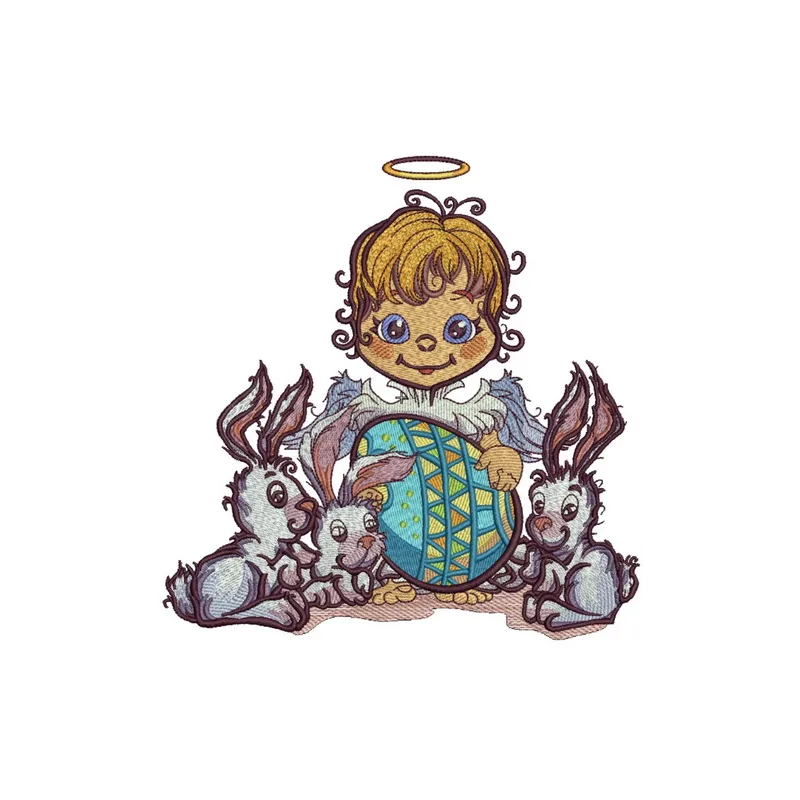 Preview of an angel and Easter bunnies embroidery design, showcasing intricate stitching patterns for festive projects.