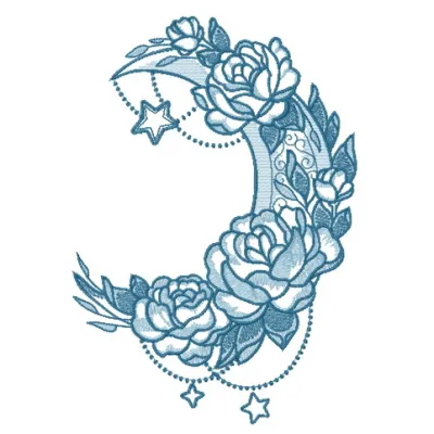 Vernal moon 2 embroidery design showcasing a celestial motif, perfect for stitching on t-shirts or blankets.