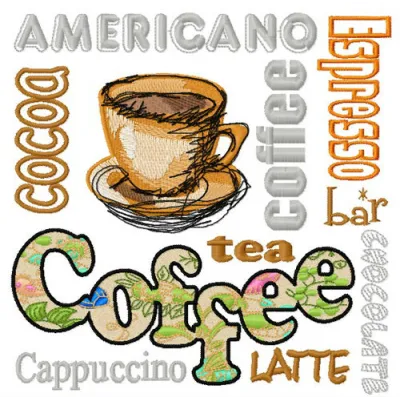 Preview of a different coffee embroidery design showcasing various coffee-themed stitched motifs.