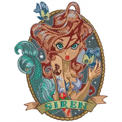 Siren embroidery design featuring a mermaid motif, perfect for embellishing t-shirts, tote bags, and more.