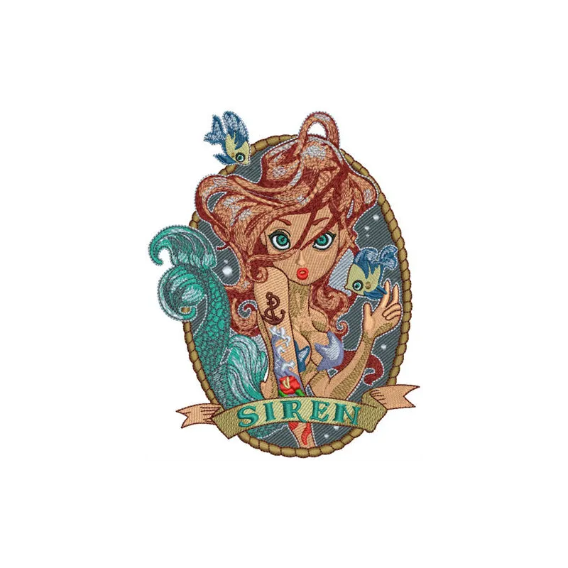 Siren embroidery design featuring a mermaid motif, perfect for embellishing t-shirts, tote bags, and more.