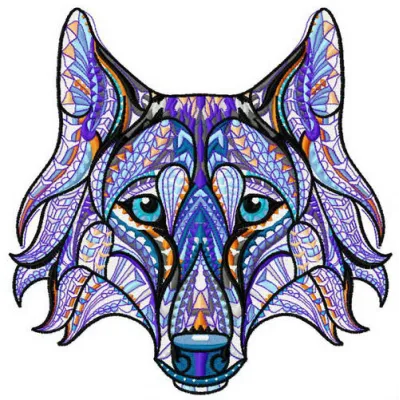 Mosaic wolf embroidery design showcasing an intricate wolf motif, ideal for stitching on apparel and home decor.