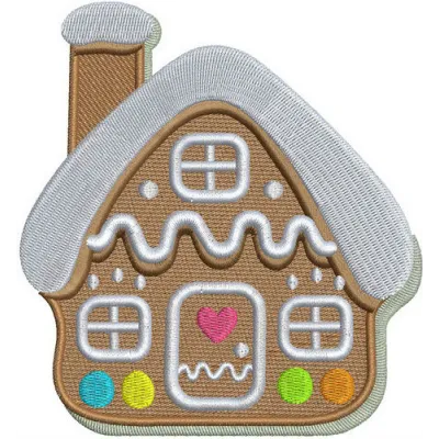 Gingerbread house embroidery design showcasing intricate details for festive creations on t-shirts and towels.