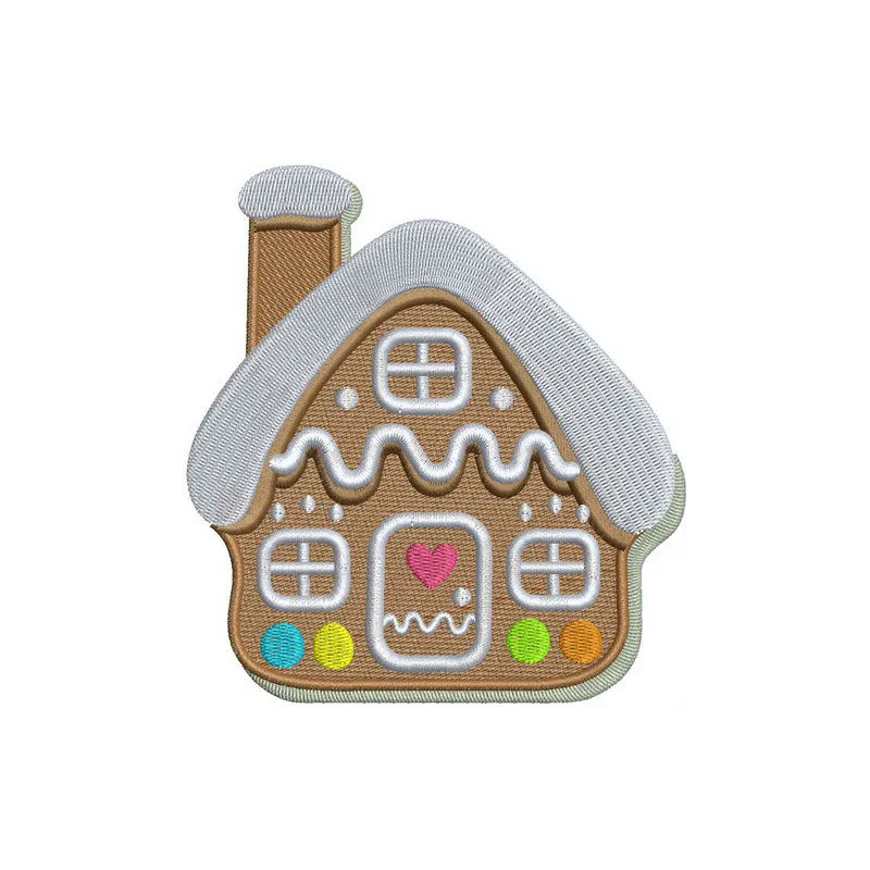 Gingerbread house embroidery design showcasing intricate details for festive creations on t-shirts and towels.