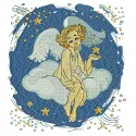 Angel on cloud embroidery design showcasing a whimsical angelic motif for stitching on various fabrics.