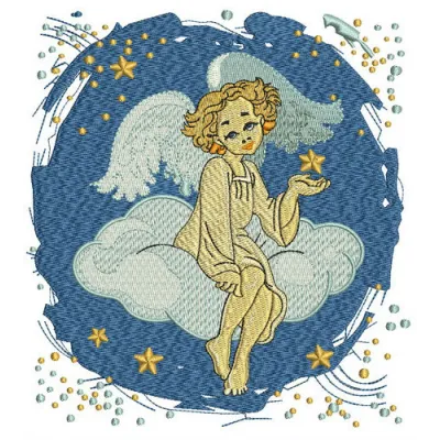Angel on cloud embroidery design showcasing a whimsical angelic motif for stitching on various fabrics.