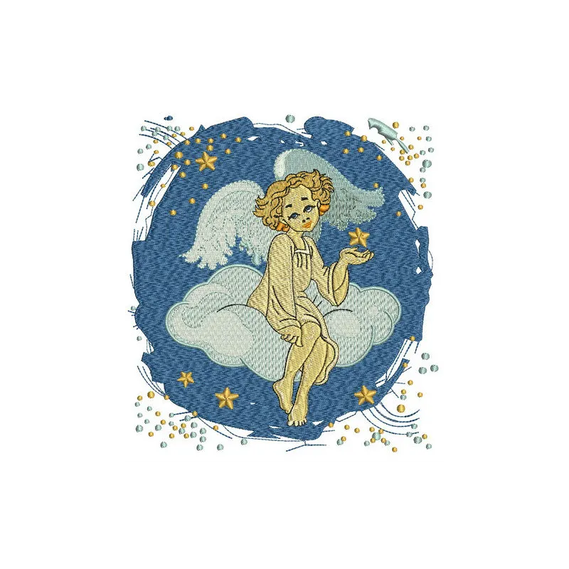 Angel on cloud embroidery design showcasing a whimsical angelic motif for stitching on various fabrics.